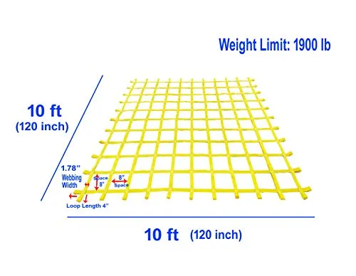 FONG 10 ft X 10 ft Climbing Cargo Net Heavy Duty Yellow (3m x 3m)- Military Climbing Net- Indoor Climbing Net - Outdoor Climbing Net - Jungle Gyms, Obstacle Courses - Both for Kids and Adult