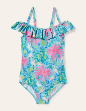 Off-Shoulder Swimsuit-Aqua Blue Tropical Charm